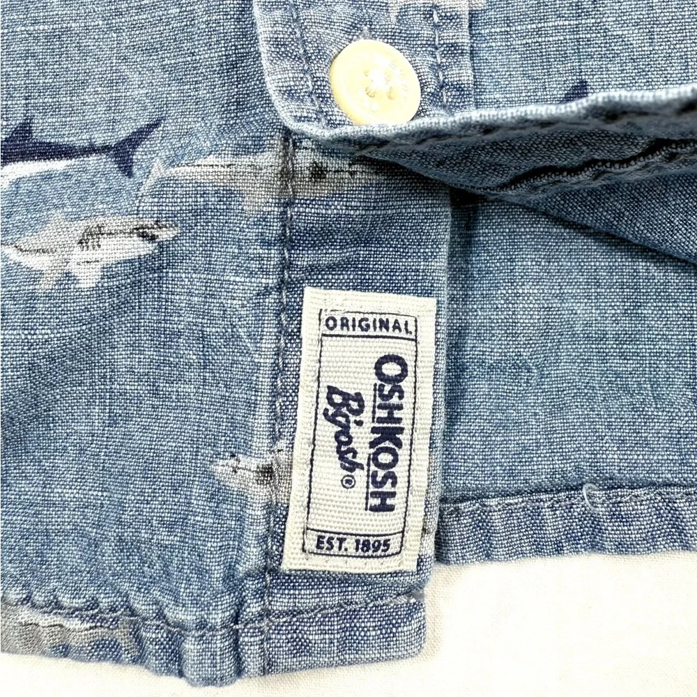 OSHKOSH B'GOSH Baby Boys' Shark Print‎ Chambray Nautical Button Down Size 12M